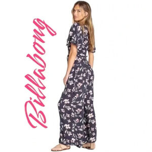 Billabong Romper/Jumpsuit with Tie-Waist, Flutter Sleeves - Navy & Pink Floral